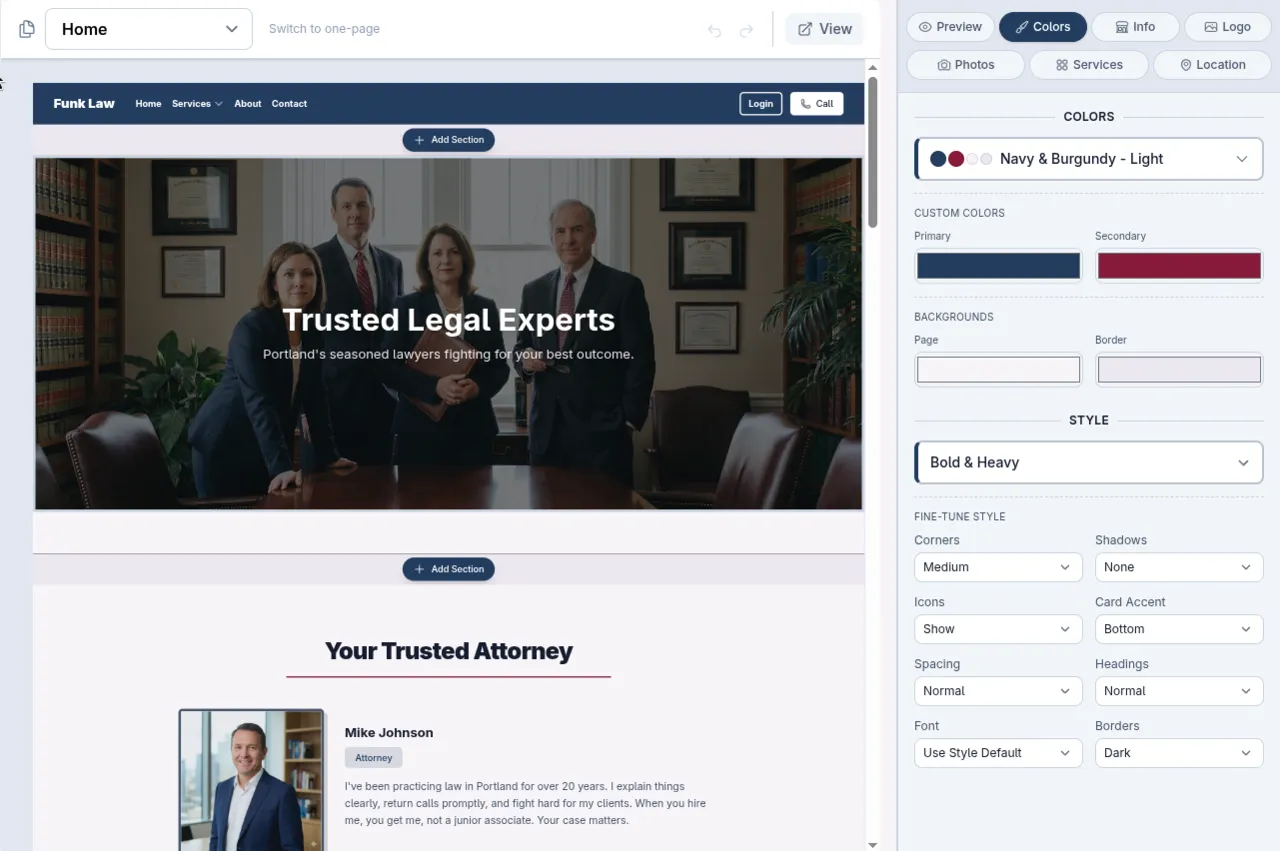 Website editor on desktop - click any section to customize